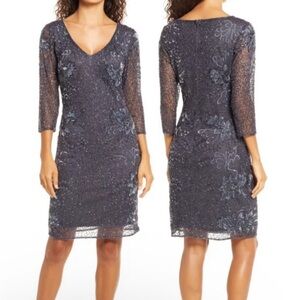 Pisarro Nights Beaded V-Neck Slate Gray Holiday Cocktail Dress  NWT